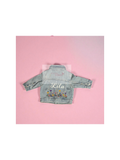 Light denim jean jacket featuring a custom embroidered name and colorful stitched flowers.