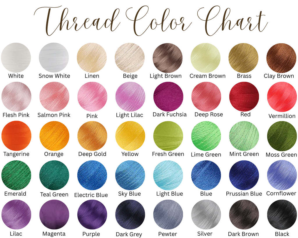 Thread color chart displaying 36 circular embroidery thread swatches with printed color names, including neutrals, browns, pinks, reds, oranges, yellows, greens, blues, purples, and greys.”