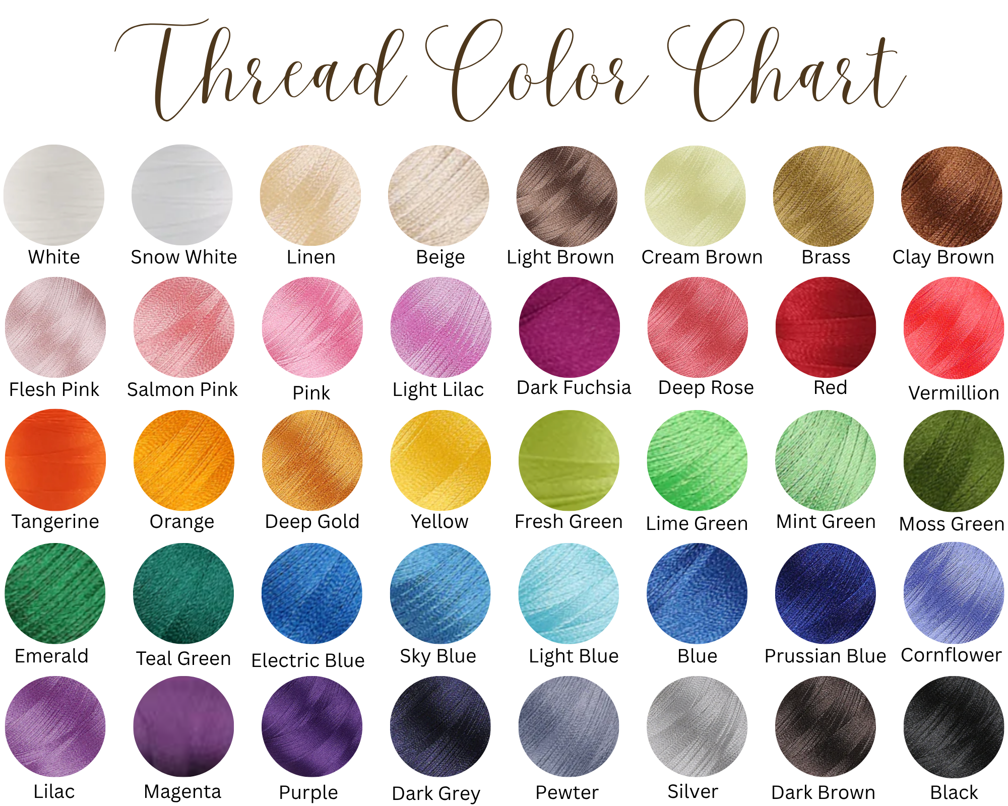Thread color chart displaying 36 circular embroidery thread swatches with printed color names, including neutrals, browns, pinks, reds, oranges, yellows, greens, blues, purples, and greys.”